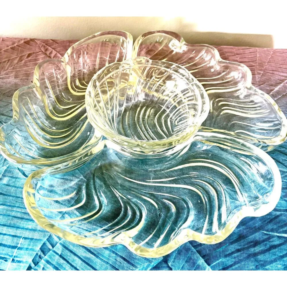 Vintage Glass Chip & Dip Serving Set 5 Pc Clear Swirl Party Platter